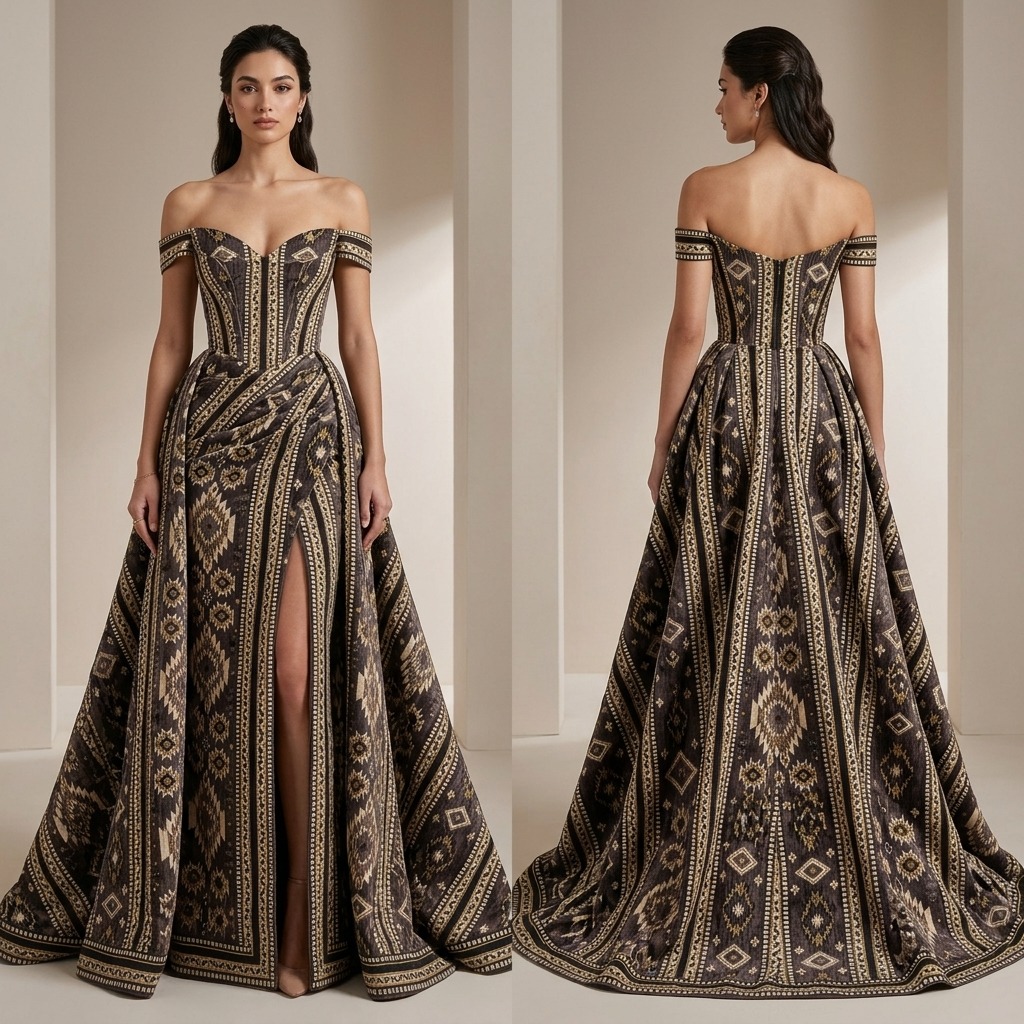 Couture Asymmetric Ikat Gown